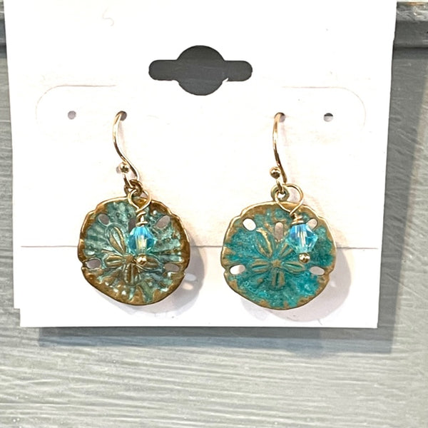 BRASS SAND DOLLAR  EARRINGS WITH PATINA